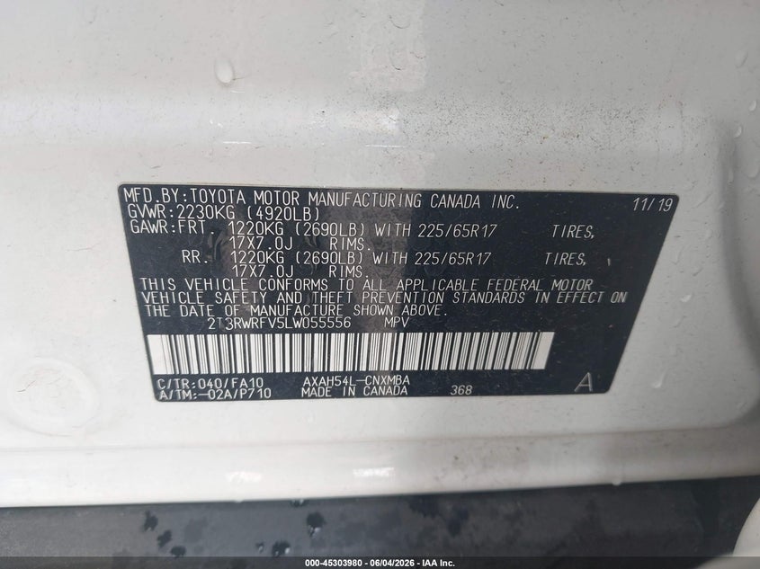 2020 Toyota Rav 4 VIN 2T3RWRFV5LW055556 IAAI salvage auction — RIGHT FRONT, Salvage (Oregon), sold $8,200 on 2026-07-31 (photo 9)