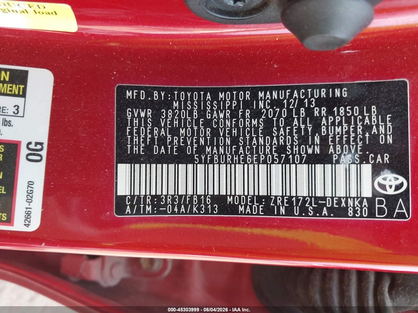 2014 Toyota Corolla VIN 5YFBURHE6EP057107 IAAI salvage auction — LEFT SIDE, Salvage Title, sold $2,725 on 2026-07-14 (photo 9)