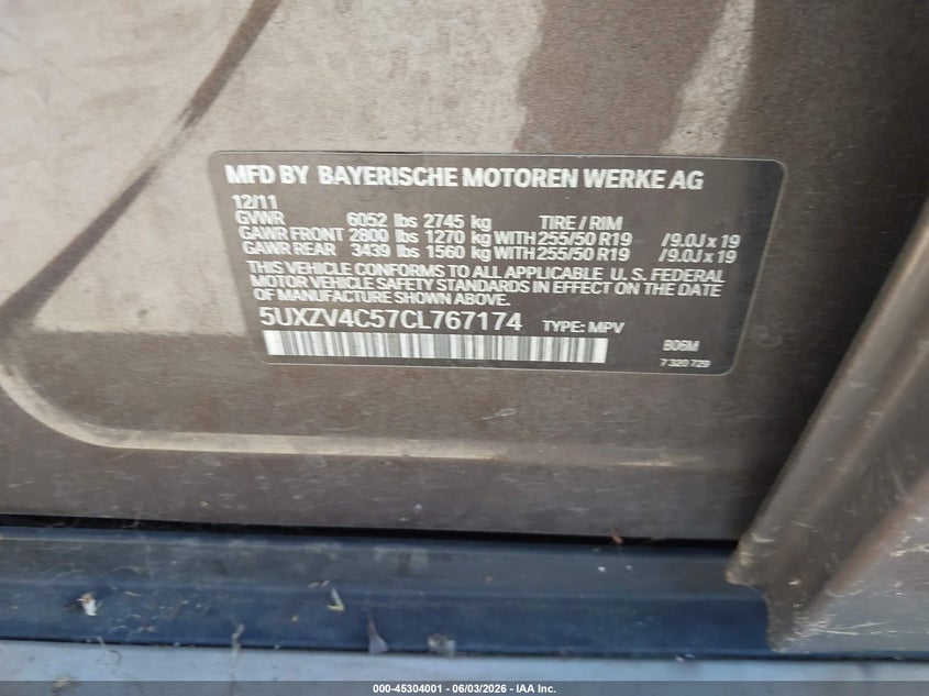 2012 BMW X5 VIN 5UXZV4C57CL767174 IAAI salvage auction — NORMAL WEAR, Salvage Title, sold $475 on 2026-07-23 (photo 9)