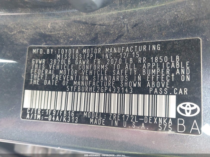 2016 Toyota Corolla VIN 5YFBURHE2GP433143 IAAI salvage auction — REAR END, Salvage Title, sold $2,050 on 2026-07-21 (photo 9)