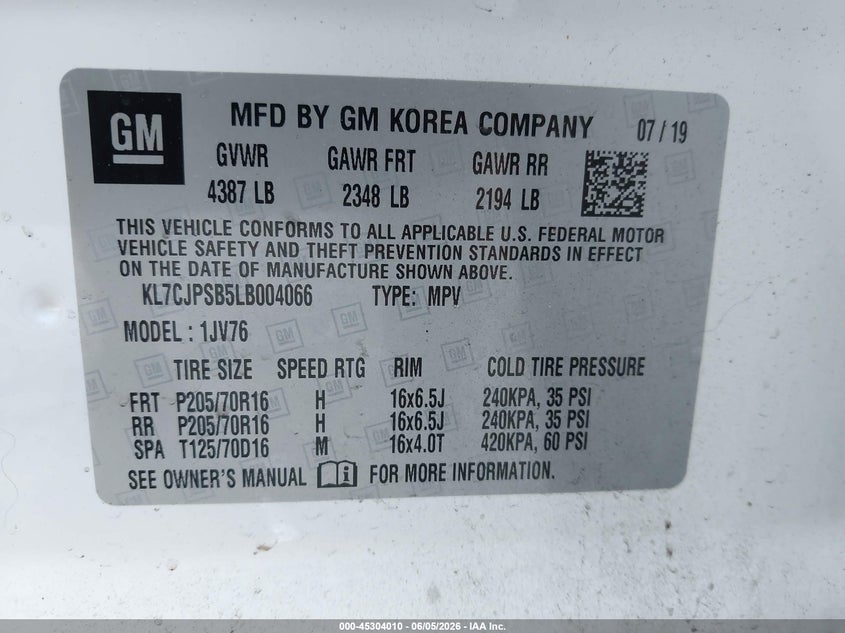 2020 Chevrolet Trax VIN KL7CJPSB5LB004066 IAAI salvage auction — RIGHT FRONT, Salvage (Pennsylvania), sold $1,350 on 2026-07-28 (photo 9)