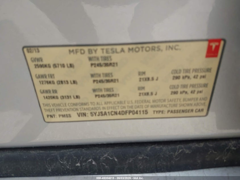 2013 Tesla Model s VIN 5YJSA1CN4DFP04115 IAAI salvage auction — FRONT END, Salvage Title, sold $2,350 on 2026-07-29 (photo 9)