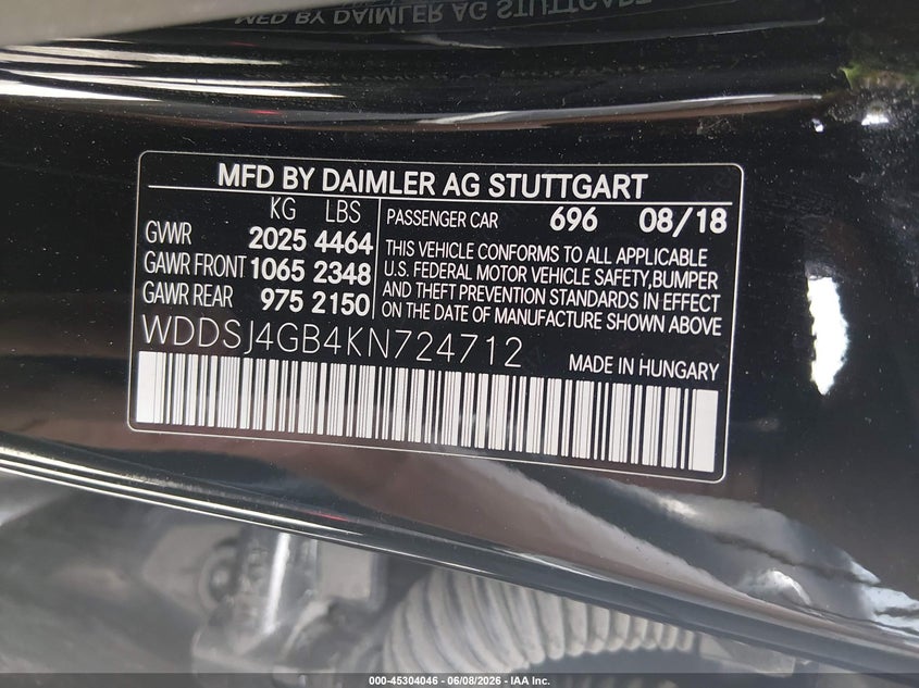 2019 Mercedes-benz Cla-klasse VIN WDDSJ4GB4KN724712 IAAI salvage auction — FRONT END, Salvage Title, sold $2,800 on 2026-08-12 (photo 9)