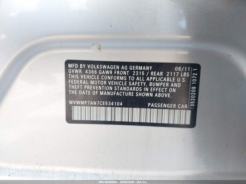 2012 Volkswagen Passat cc VIN WVWMP7AN7CE534104 IAAI salvage auction — FRONT END, Salvage Title, sold $325 on 2026-07-08 (photo 9)