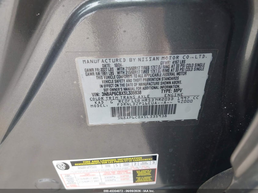 2025 Nissan Kicks VIN 3N8AP6CBXSL335938 IAAI salvage auction — FRONT END, Salvage Title, sold $8,500 on 2026-07-05 (photo 9)