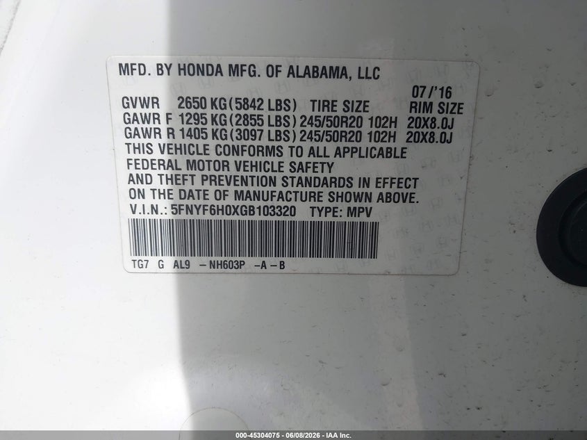 2016 Honda Pilot VIN 5FNYF6H0XGB103320 IAAI salvage auction — FRONT END, Salvage Title, sold $4,425 on 2026-07-09 (photo 9)