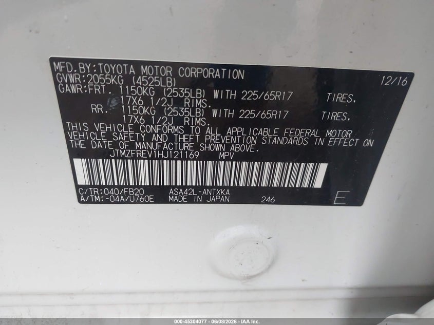2017 Toyota Rav 4 VIN JTMZFREV1HJ121169 IAAI salvage auction — ROLLOVER, Salvage Title, sold $3,825 on 2026-07-15 (photo 9)