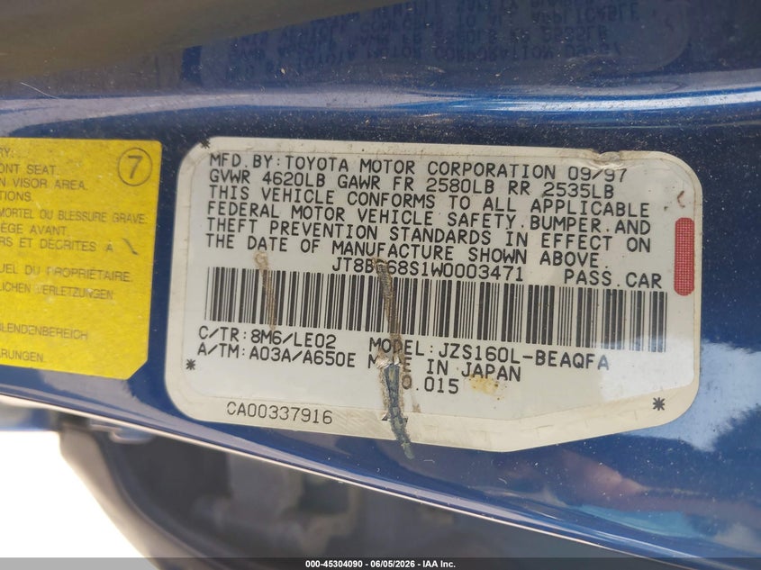 1998 Lexus Gs 300 VIN JT8BD68S1W0003471 IAAI salvage auction — SIDE, Salvage (Tennessee), sold $300 on 2026-07-21 (photo 9)