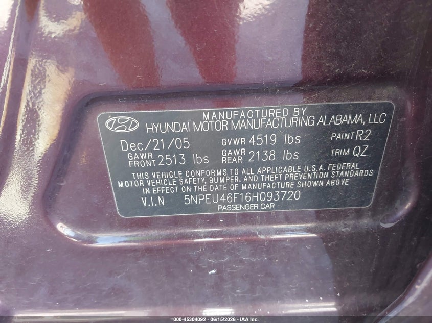 2006 Hyundai Sonata VIN 5NPEU46F16H093720 IAAI salvage auction — LEFT SIDE, Salvage (Alabama), sold $500 on 2026-07-06 (photo 9)
