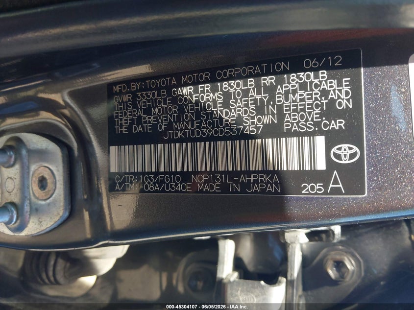 2012 Toyota Yaris VIN JTDKTUD39CD537457 IAAI salvage auction — RIGHT FRONT, Salvage Title, sold $1,100 on 2026-07-09 (photo 9)