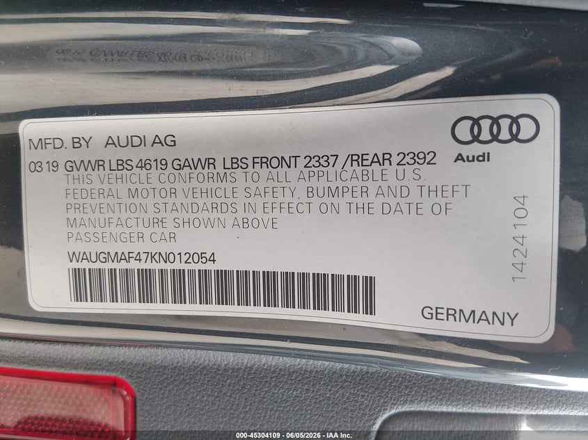 2019 Audi A4 VIN WAUGMAF47KN012054 IAAI salvage auction — LEFT REAR, Salvage Title, sold $1,950 on 2026-07-21 (photo 9)