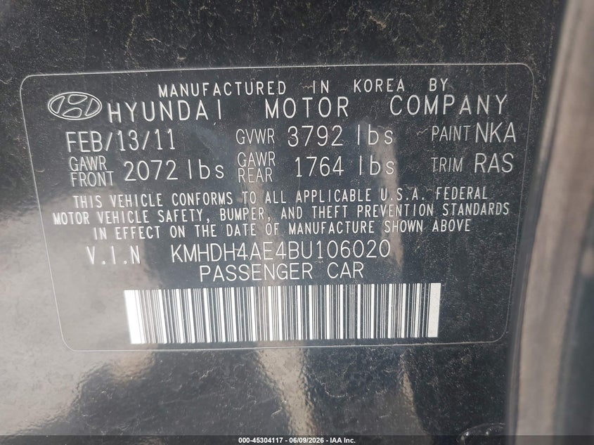 2011 Hyundai Elantra VIN KMHDH4AE4BU106020 IAAI salvage auction — SIDE, Clear (Indiana), sold $25 on 2026-07-07 (photo 9)