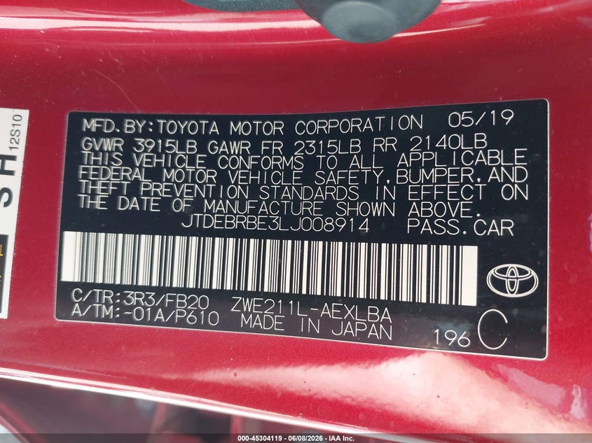 2020 Toyota Corolla VIN JTDEBRBE3LJ008914 IAAI salvage auction — SIDE, Salvage Title, sold $4,150 on 2026-07-10 (photo 9)