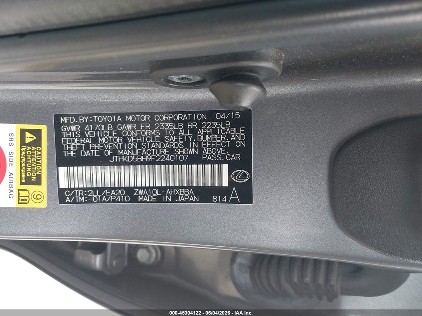 2015 Lexus Ct VIN JTHKD5BH9F2240107 IAAI salvage auction — NORMAL WEAR, Salvage (California), sold $2,750 on 2026-07-06 (photo 9)