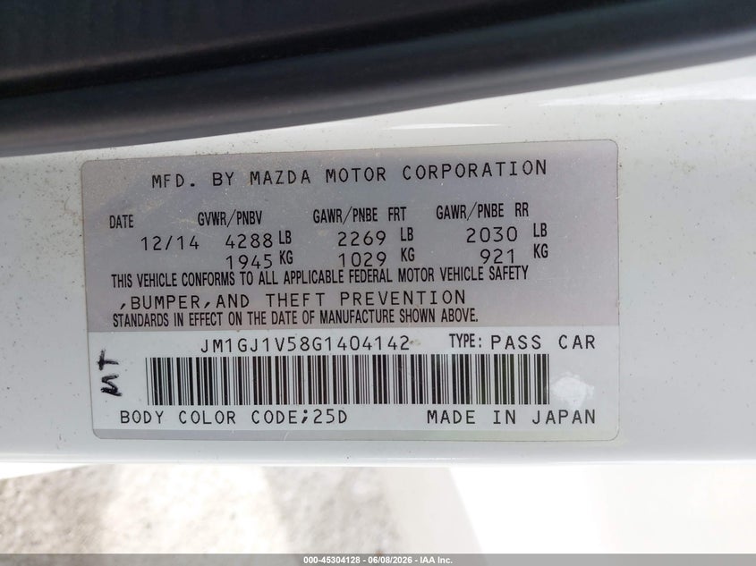 2016 Mazda 6 VIN JM1GJ1V58G1404142 IAAI salvage auction — FRONT END, Salvage (Texas), sold $1,850 on 2026-07-28 (photo 9)