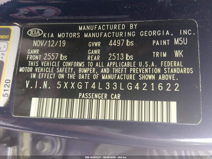 2020 Kia Optima VIN 5XXGT4L33LG421622 IAAI salvage auction — FRONT END, Salvage Title, sold $525 on 2026-07-15 (photo 9)