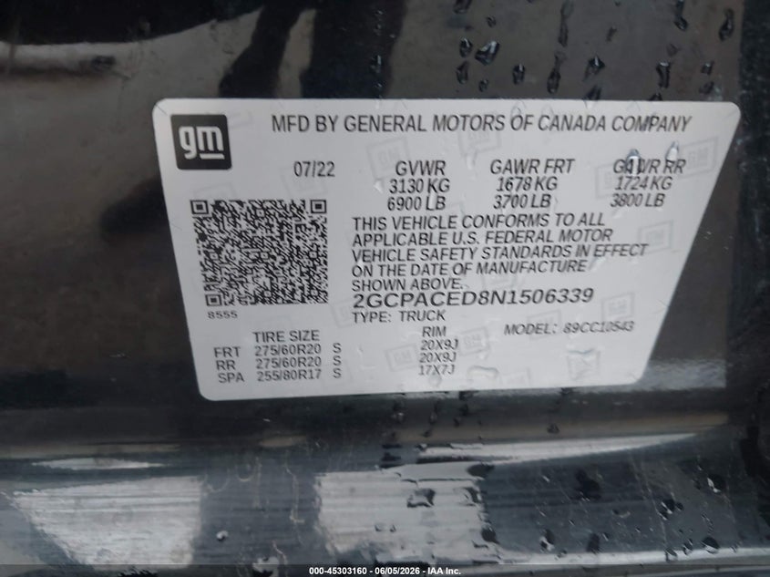 2022 Chevrolet Silverado VIN 2GCPACED8N1506339 IAAI salvage auction — FRONT END, Original (Texas), sold $8,200 on 2026-08-01 (photo 9)