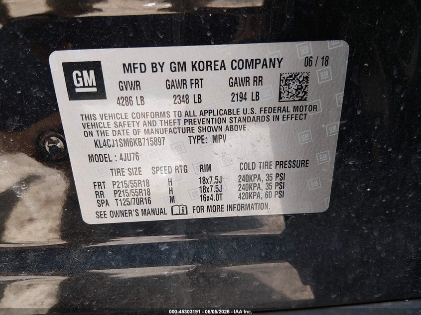 2019 Buick Encore VIN KL4CJ1SM6KB715897 IAAI salvage auction — RIGHT FRONT, Salvage Title, sold $800 on 2026-07-11 (photo 9)