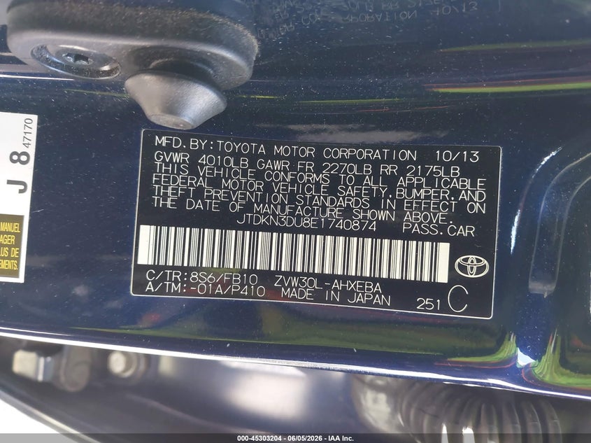 2014 Toyota Prius VIN JTDKN3DU8E1740874 IAAI salvage auction — RIGHT FRONT, Salvage Title, sold $3,075 on 2026-07-08 (photo 9)