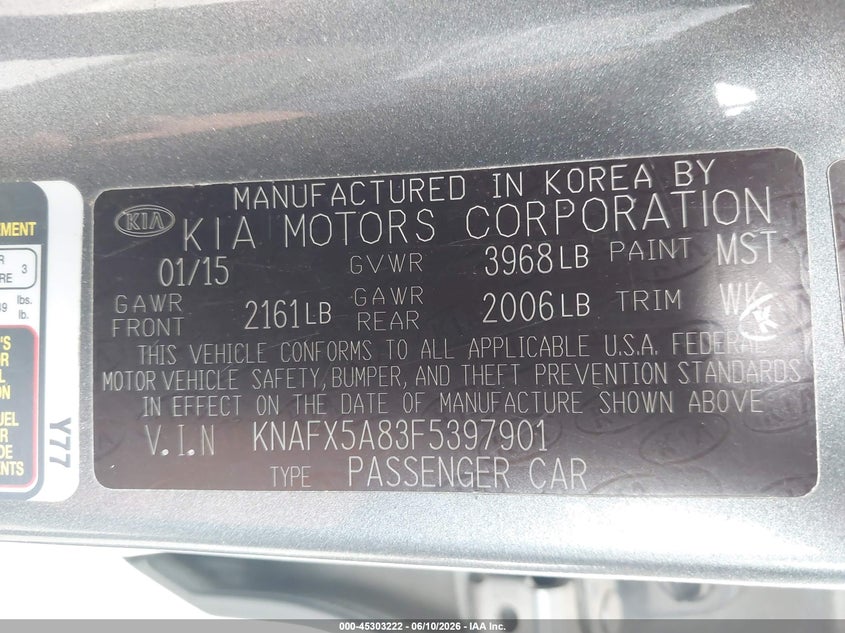 2015 Kia Forte VIN KNAFX5A83F5397901 IAAI salvage auction — RIGHT FRONT, Salvage (North Carolina), sold $400 on 2026-07-08 (photo 9)