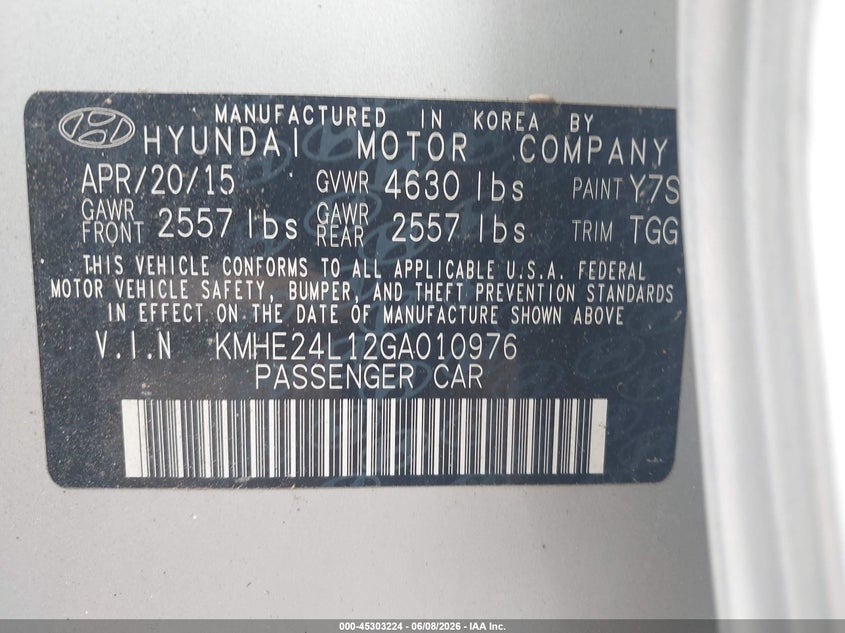 2016 Hyundai Sonata VIN KMHE24L12GA010976 IAAI salvage auction — NORMAL WEAR, Original (Texas), sold $400 on 2026-07-22 (photo 9)