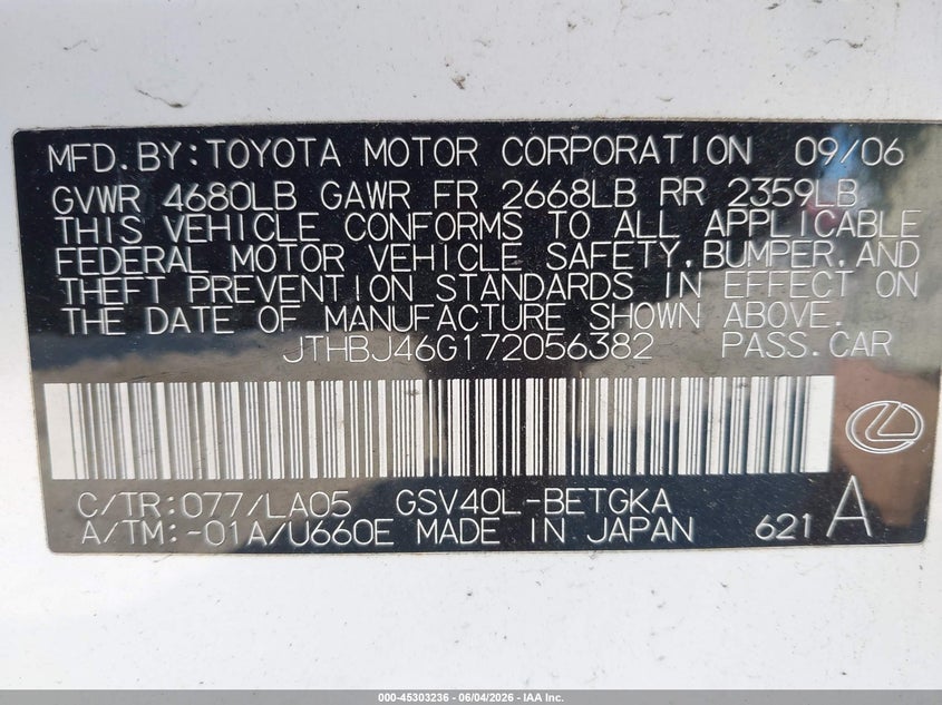 2007 Lexus Es 350 VIN JTHBJ46G172056382 IAAI salvage auction — NORMAL WEAR, Clear (Pennsylvania), sold $900 on 2026-07-08 (photo 9)