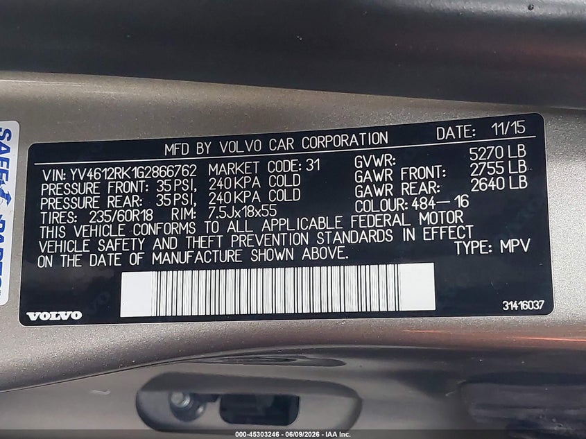 2016 Volvo Xc60 VIN YV4612RK1G2866762 IAAI salvage auction — SIDE, Bill Of Sale (Washington), sold $2,550 on 2026-08-05 (photo 9)