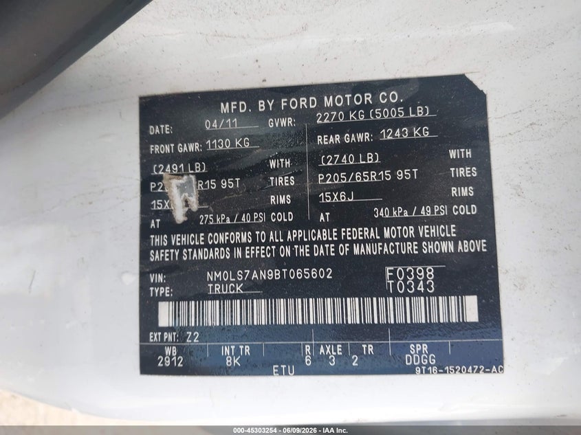 2011 Ford Transit connect VIN NM0LS7AN9BT065602 IAAI salvage auction — UNDERCARRIAGE, Clear-Endorsement (Wisconsin), sold $25 on 2026-07-23 (photo 9)