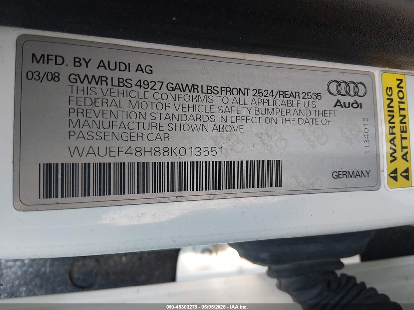 2008 Audi A4 VIN WAUEF48H88K013551 IAAI salvage auction — RIGHT SIDE, Salvage (Ohio), sold $975 on 2026-07-14 (photo 9)