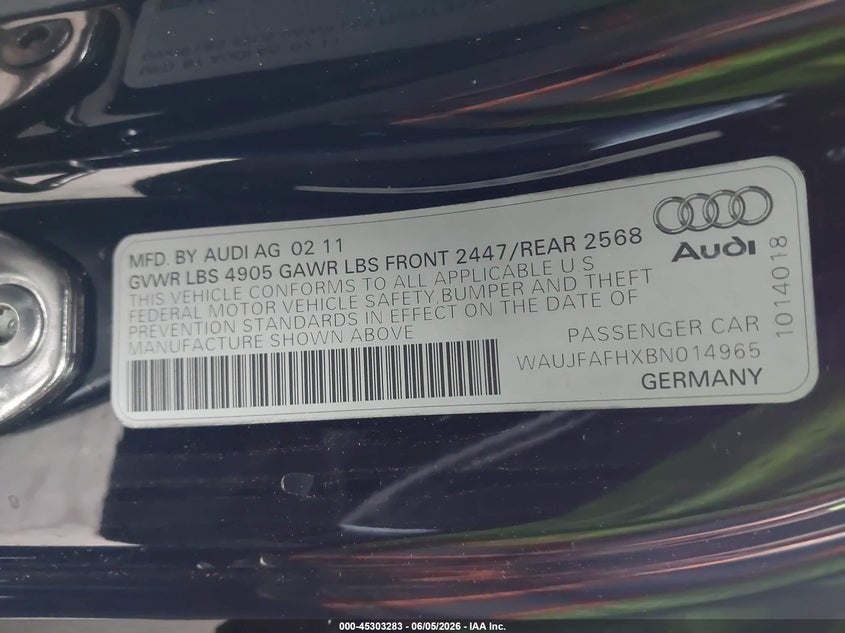 2011 Audi A5 VIN WAUJFAFHXBN014965 IAAI salvage auction — NORMAL WEAR, Clear - Dealer Only (California), sold $1,050 on 2026-07-09 (photo 9)