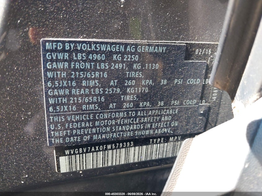 2015 Volkswagen Tiguan VIN WVGBV7AX0FW579393 IAAI salvage auction — NORMAL WEAR, Clear (New Jersey), sold $600 on 2026-07-06 (photo 9)