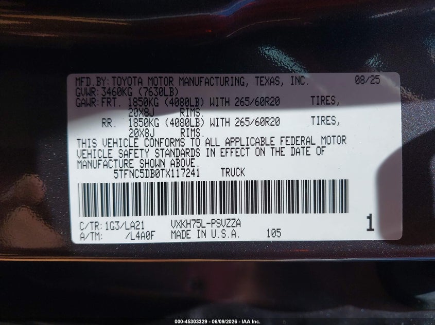 2026 Toyota Tundra VIN 5TFNC5DB0TX117241 IAAI salvage auction — HAIL, Clear (Missouri), sold $33,250 on 2026-07-27 (photo 9)