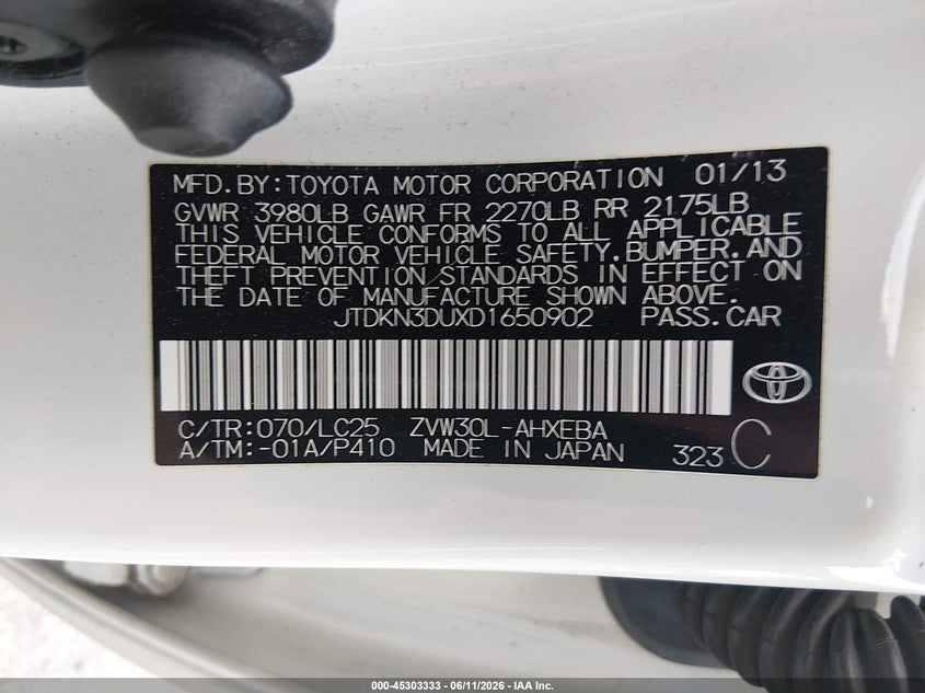 2013 Toyota Prius VIN JTDKN3DUXD1650902 IAAI salvage auction — LEFT FRONT, Salvage (Pennsylvania), sold $1,500 on 2026-07-08 (photo 9)