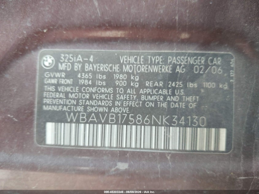 2006 BMW 3er VIN WBAVB17586NK34130 IAAI salvage auction — FRONT END, Salvage (Texas), sold $525 on 2026-07-14 (photo 9)