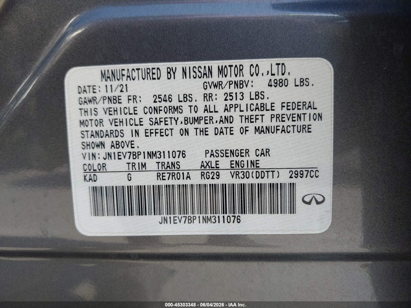 2022 Infiniti Q50 VIN JN1EV7BP1NM311076 IAAI salvage auction — REAR END, Salvage Title, sold $7,050 on 2026-07-20 (photo 9)