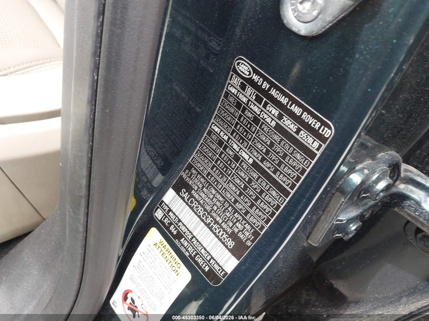 2015 Land rover Discovery sport VIN SALCR2BG3FH500598 IAAI salvage auction — REAR END, Salvage Title, sold $25 on 2026-07-08 (photo 9)