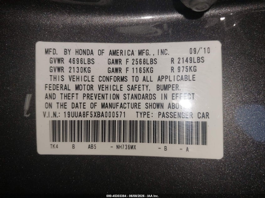 2011 Acura Tl VIN 19UUA8F5XBA000571 IAAI salvage auction — FRONT & REAR, Mv-907A (New York), sold $400 on 2026-07-11 (photo 9)