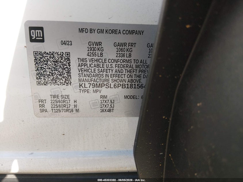 2023 Chevrolet Trailblazer VIN KL79MPSL6PB181564 IAAI salvage auction — RIGHT SIDE, Salvage Title, sold $5,800 on 2026-07-07 (photo 9)