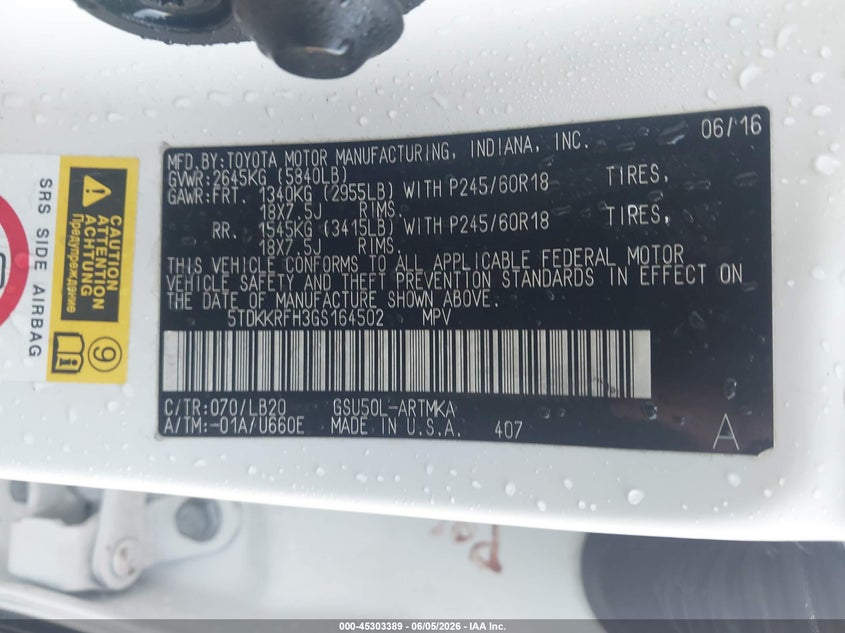 2016 Toyota Highlander VIN 5TDKKRFH3GS164502 IAAI salvage auction — FRONT END, Salvage Title, sold $2,750 on 2026-07-22 (photo 9)