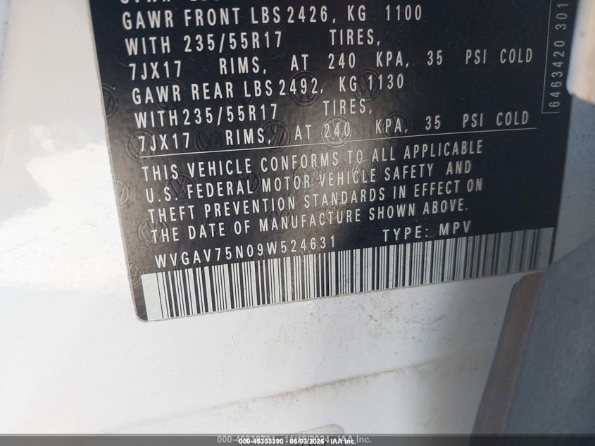 2009 Volkswagen Tiguan VIN WVGAV75N09W524631 IAAI salvage auction — RIGHT REAR, Salvage (Idaho), sold $275 on 2026-07-22 (photo 9)