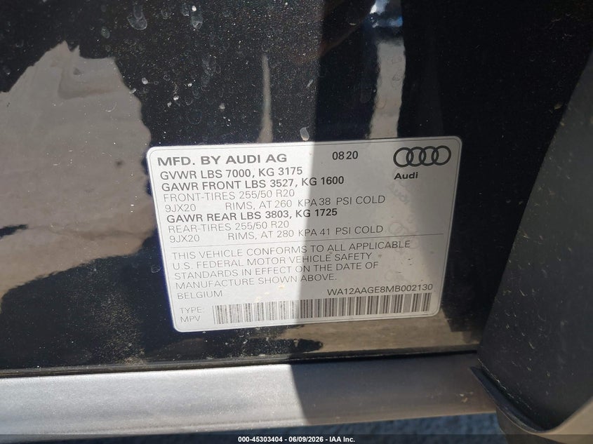 2021 Audi E-tron sportback VIN WA12AAGE8MB002130 IAAI salvage auction — FRONT END, Salvage Title, sold $14,100 on 2026-07-11 (photo 9)
