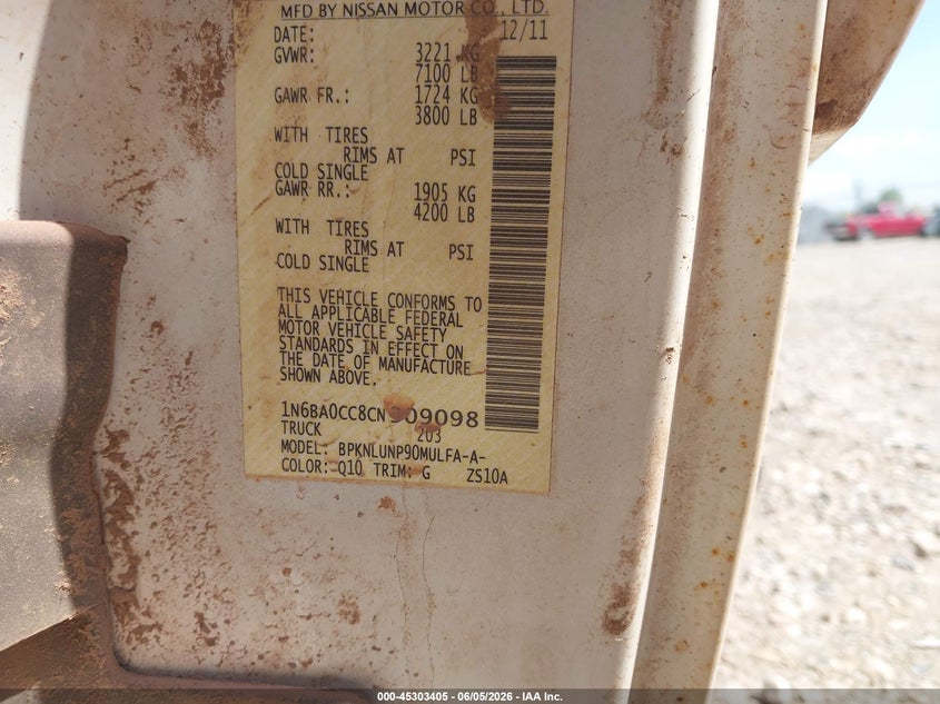 2012 Nissan TITAN VIN 1N6BA0CC8CN309098 IAAI salvage auction — EXTERIOR BURN, Salvage Title, sold $100 on 2026-07-09 (photo 9)
