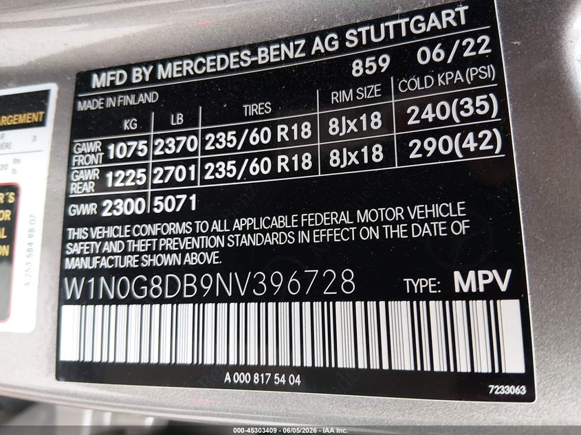2022 Mercedes-benz Glc VIN W1N0G8DB9NV396728 IAAI salvage auction — FRONT & REAR, Salvage Title, sold $4,875 on 2026-07-14 (photo 9)
