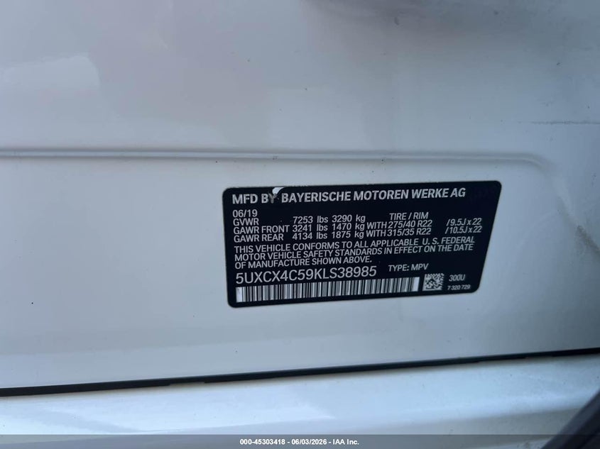 2019 BMW X7 VIN 5UXCX4C59KLS38985 IAAI salvage auction — NORMAL WEAR, Clear (Massachusetts), sold $22,825 on 2026-07-29 (photo 9)
