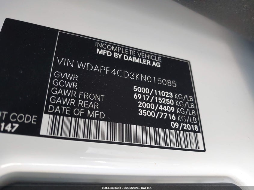 2019 Mercedes-benz Sprinter VIN WDAPF4CD3KN015085 IAAI salvage auction — RIGHT SIDE, Clear (Virginia), sold $14,600 on 2026-07-06 (photo 8)