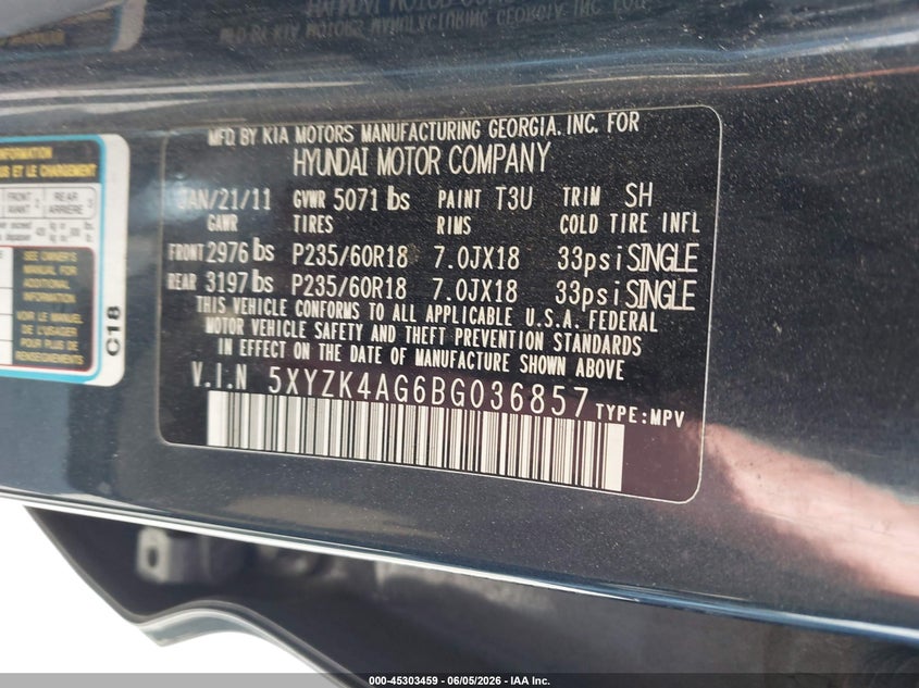 2011 Hyundai Santa fe VIN 5XYZK4AG6BG036857 IAAI salvage auction — FRONT END, Salvage (California), sold $550 on 2026-07-29 (photo 9)