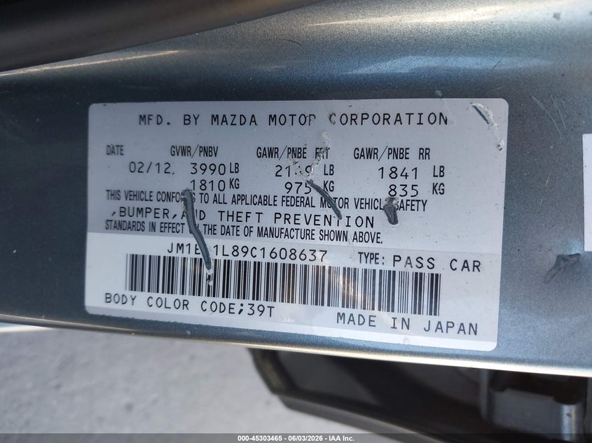 2012 Mazda 3 VIN JM1BL1L89C1608637 IAAI salvage auction — NORMAL WEAR, Salvage Title, sold $750 on 2026-07-13 (photo 9)