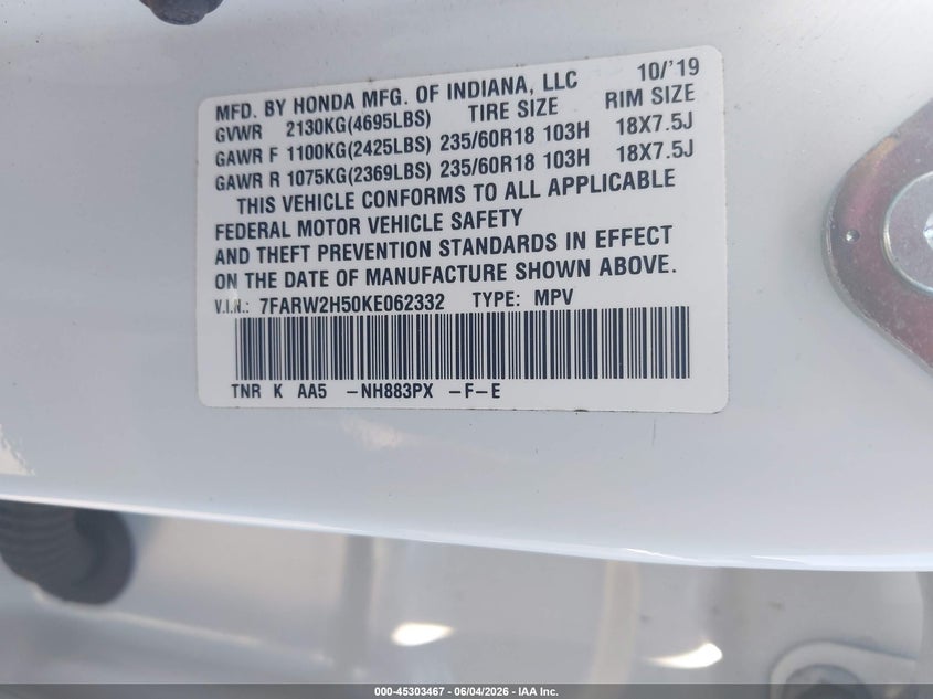 2019 Honda Cr-v VIN 7FARW2H50KE062332 IAAI salvage auction — FRONT END, Salvage Title, sold $6,700 on 2026-07-22 (photo 9)