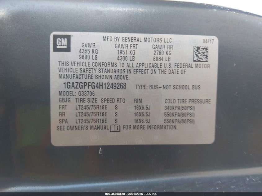 2017 Chevrolet Express 3500 VIN 1GAZGPFG4H1249268 IAAI salvage auction — NORMAL WEAR, Sf97 (Ohio), sold $23,125 on 2026-07-15 (photo 9)