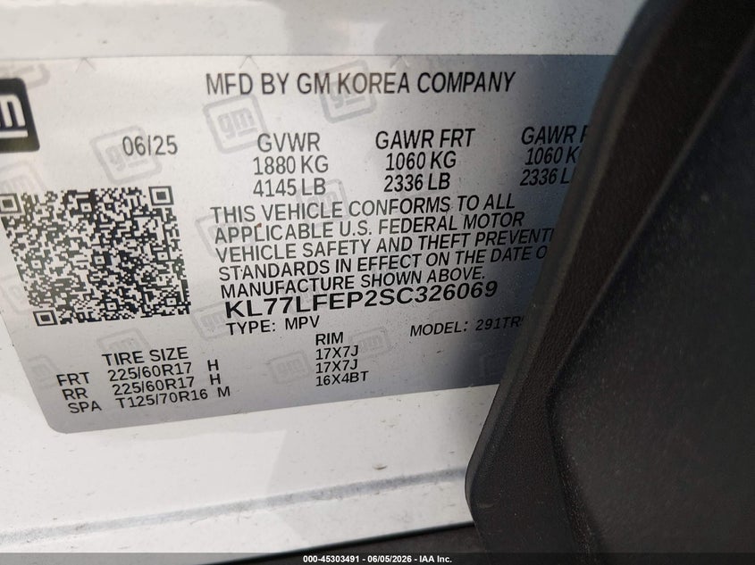 2025 Chevrolet Trax VIN KL77LFEP2SC326069 IAAI salvage auction — REAR END, Salvage Title, sold $3,250 on 2026-07-22 (photo 9)